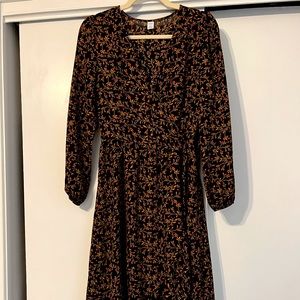 Size Small, Fall floral and vine midi dress, black, gold and red.